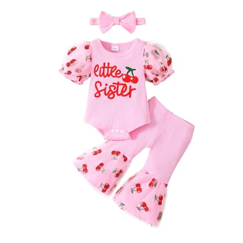 Newborn Baby Girl Clothes Infant Summer Bell Bottoms Outfits Puff Sleeve Romper Mesh Flare Pants Sets Headband