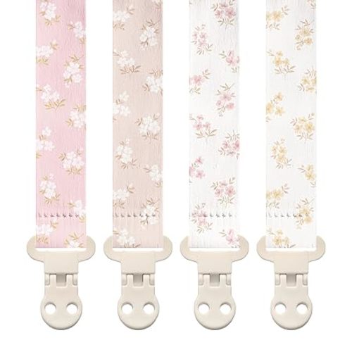 Stadela Baby Fabric Pacifier Clip Holder, Plastic Clip, 4‑Pack, Wildflower Pattern, Heather Set