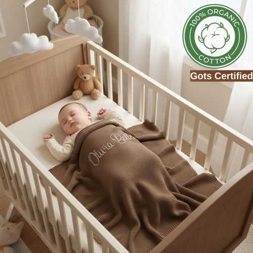 Personalized Organic Cotton Baby Blanket – Embroidered Knit Newborn Gift