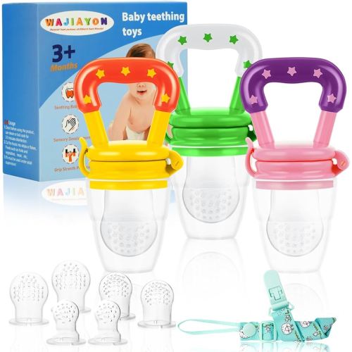 WAJIAYON Baby Fruit Feeder/Food Feeder Pacifier (3 Pack)- Infant Teething Feeders | Silicone Teether Feeder Babies | Baby Feeding Essentials | Food Pacifier for Babies - Pink