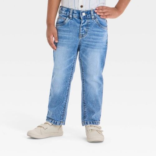 Toddler Boys' Button-Front Straight Leg Denim Pants - Cat & Jack™ Medium Wash 12M: Cotton Blend, Adjustable Waistband, Mid-Rise