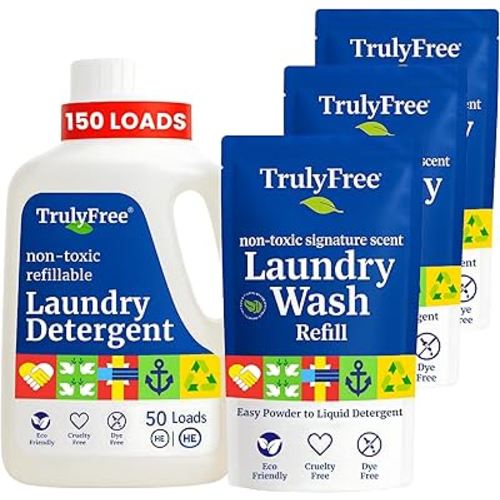 Truly Free Natural Laundry Detergent for Sensitive Skin | Eco Friendly, Plant Based, Baby Clothes Safe | Clean & Easy Powder to Liquid, 3 Pack Detergent + 1 Refillable Jug | Signature Scent 150 Loads