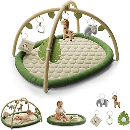 Baby Play Mat, Tummy Time Mat with 5 Detachable Toys, Washable Baby Play Gym for Visual, Hearing, Sensory, Motor Development, Activity Mat for Babies 0-18 Months