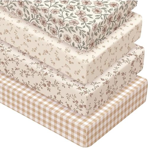 4 Pack Crib Sheets Brown Retro Floral Soft Baby Bed Sheet Set 52'' x 28" Nursery Crib Sheets for Standard Bed Toddler Mattress Nursery Decor Boys Girls Kids
