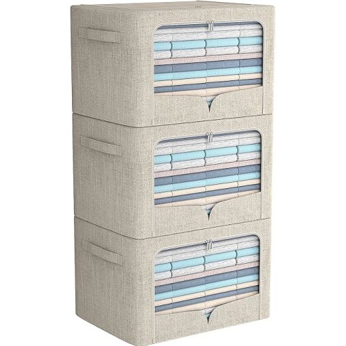FHSQX 3 Pack Clothes Storage Bins - Foldable Metal Frame Storage Box - Stackable Linen Fabric Container Organizer Set with Carrying Handles and Clear Window (Beige, 19.7x15.7x13inch(66L))