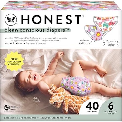 The Honest Company Clean Conscious Diapers for Sensitive Skin | Hypoallergenic, Fragrance Free | Girl Prints | Club Box, Size 6 (35+ lbs), 40 Count