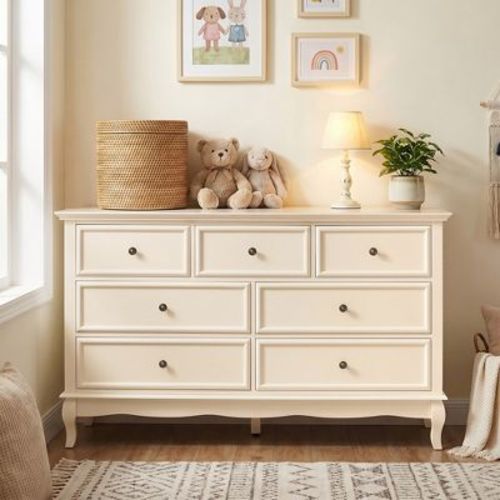 Heynemo 7‑Drawer Dresser, Modern Classic Chest of Drawers with Curved Legs, Off‑White, 1‑Pack for Bedroom Living Room