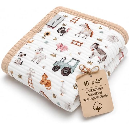 Organic Cotton Muslin Baby Blanket for Boys and Girls - Luxurious Soft Toddler Quilt for Swaddling - Gender Neutral Blanket - Baby and Toddler Gift - Farm