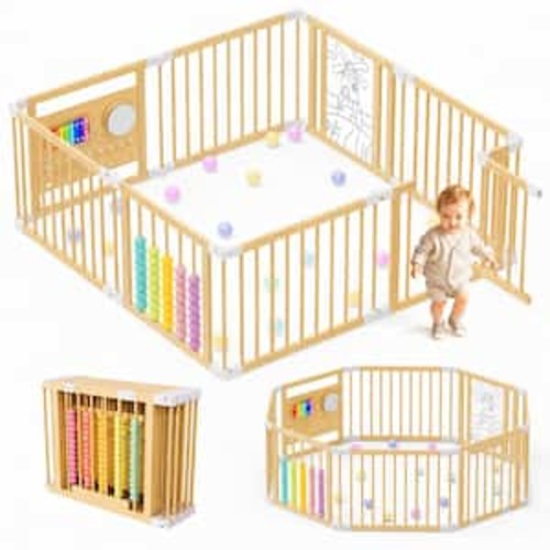 Baby Playpen Safety Gate 8-Panel Foldable Wood Play Yard with Child-Proof Lock Easy-Assembly Baby Fence for Safe Play