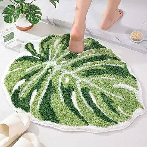 Panstar Green Leaf Mat, Large Monstera Cute Non Slip Palm Shaped Plush Fun Kitchen, Bathroom Bathtub Rugs Machine Washable