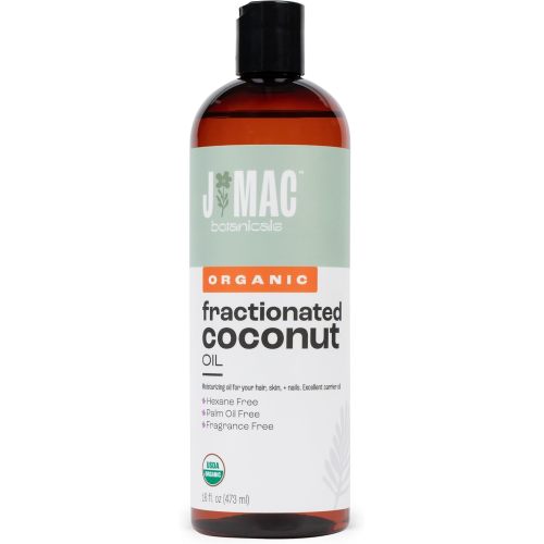 J MAC BOTANICALS, Organic Fractionated Coconut Oil (16 Oz.) Carrier oil for diluting essential oils, leave in conditioner for dry damaged hair, skin, massage