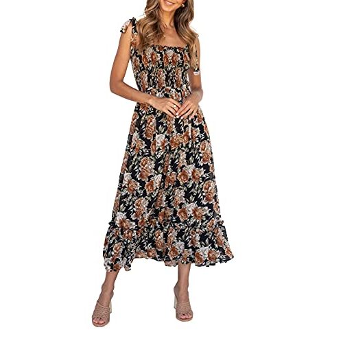 Imily Bela Womens Summer Floral Dress Tie Strap Boho Smocked Ruffle A Line Beach Sun Long Maxi Dresses