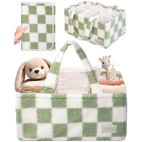 Toodly Checkered Diaper Caddy Organizer with Portable Changing Mat - Teddy Fleece Diaper Organizer for Changing Table - Caddy Organizer with Removable Dividers - Green and White