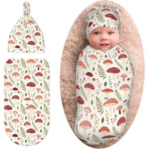 Cute Mushroom Swaddle Blanket with Beanie Set, Soft and Stretchy Swaddlling Blanket for Boy and Girl