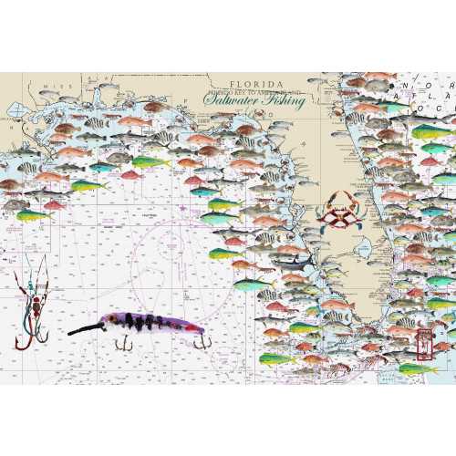 Florida Saltwater Fishing Chart - Gyotaku Fish Rubbing - Digital Art - Fine Art Print 13"x19"