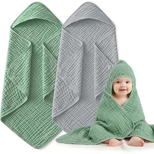 Hooded Baby Bath Towels for Newborn, 2 Pack - 6-Layer 100% Muslin Cotton, Soft Absorbent Baby Towels with Hood for Babies, Infants & Toddlers, Large 32x32 Inch Unisex Newborn Baby Bath Essentials