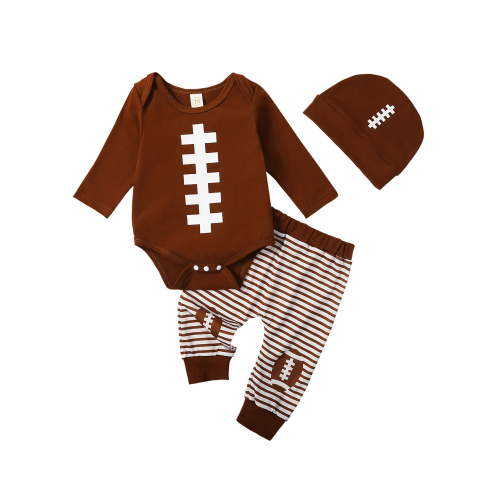 Loicainy Infant Baby Boy Fall Outfit 3 6 12 18 Months Football Print Long Sleeve Rompers and Elastic Striped Pants Beanie Hat Clothes Set