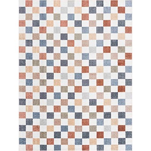 BoutiqueRugs Alia Colorful Modern Checkered Area Rug - Contemporary Geometric Carpet for Hallway, Nursery, Girls Boys Room - Machine Washable - White, Blue, Peach, Rust - 7'10" x 10' (8x10)