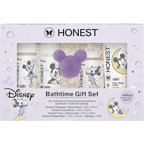 The Honest Company Calm Lavender Bathtime Gift Set and Disney Design Hypoallergenic Bath for Sensitive Baby Skin Shampoo and Body Wash Face and Body Lotion Bubble Bath Conditioner Sponge