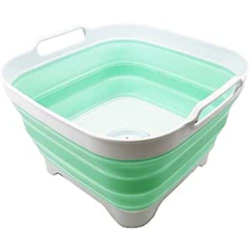 Amazon.com - SAMMART 10L (2.64 Gallon) Collapsible Dishpan with Draining Plug - Foldable Washing Basin - Portable Dish Washing Tub - Space Saving Kitchen Storage Tray (White/Pale Jade) -