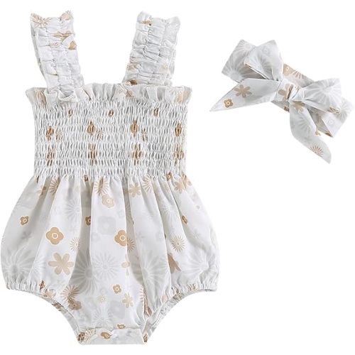 Newborn Baby Girl Bodysuit Sleeveless Halter Frill Romper One-piece Jumpsuit with Headband Summer Clothes Set