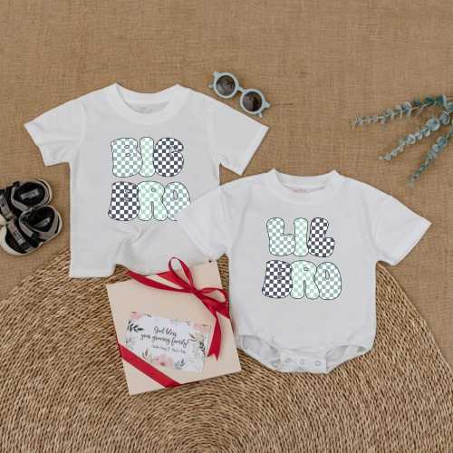 Checkered Big Brother and Little Brother T-shirt or Bodysuit, Brother Matching Baby Hospital Outfits, Baby Announcement, Toddler Boys Gift