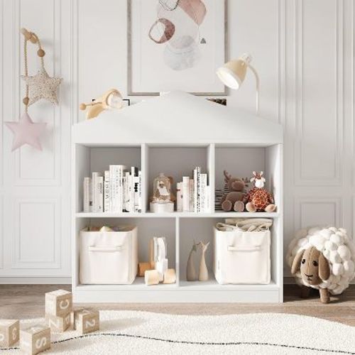 Kids Bookshelf, Toy Storage Organizer, 5-Cubby Bookcase Cabinet Shelf Wooden Cubby Storage Toy Shelf for Playroom, Nursery, Kids Room, White