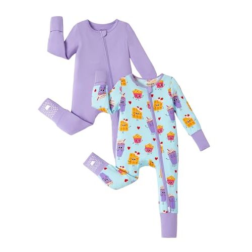 PATPAT Baby Footie Romper, Viscose from Bamboo, Long Sleeve, 2-Way Zipper, Fold-Over Mittens, Cuffs & Anti-Slip Grips