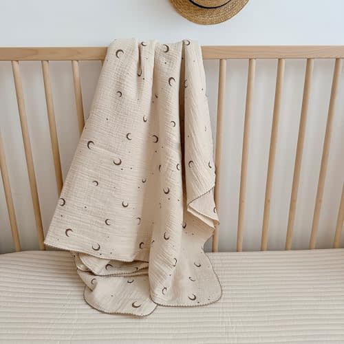BuLuTu 100% Cotton Toddler Blankets Soft Breathable Crib Blanket for Infant Baby Girls Boys, Ultra Lightweight Muslin Baby Nursery Blankets,Moon Pattern,47"x51"