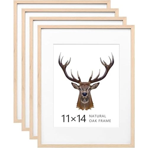 KINLINK 11x14 Frames Natural Oak Wood Frames with Acrylic Plexiglass, 4 Pack