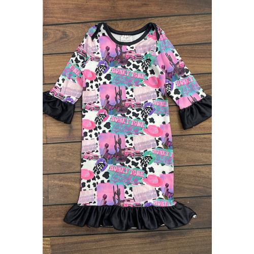 Girls Western Rodeo Honky Tonk Babe Cow Print Cactus Pink Truck Baby Gown