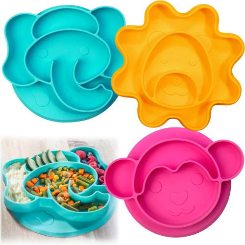 Bentology Silicone Compartment Plates- 3 PK Animal Set (Lion Monkey Elephant)-Divided Sections for Easy Grabbing Baby Food Training, Non-Slip Unbreakable Material, Flexible Shapes for Toddlers, Kids