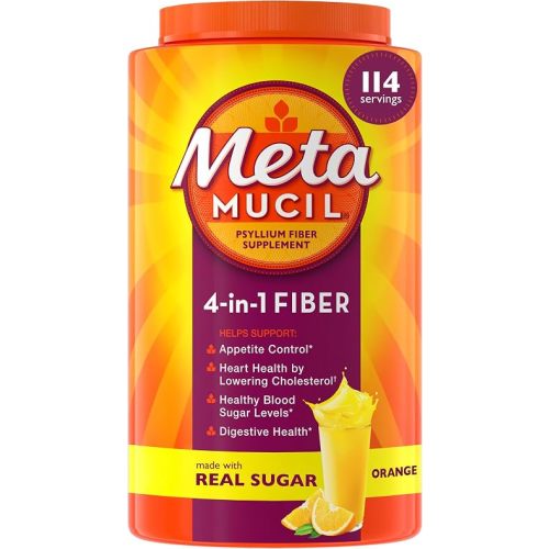 Metamucil 4-in-1 Psyllium Husk GLP-1 Friendly Fiber Supplement, Real Sugar, 114 tablespoons, Orange Flavored, Daily Fiber Powder for Digestive Health, made with Plant-Based Psyllium Husk Fiber