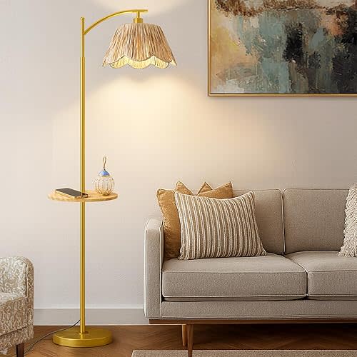 Oneach Floor Lamp with Table for Bedroom, Boho Standing Lamps with Foot Switch, Farmhouse Floor Lamp for Living Room, Arc Rattan Lamps with Gold Metal Base & Pole, Ideal for Home Décor