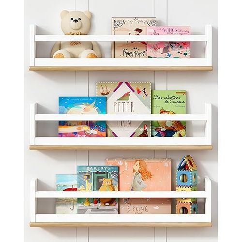 Nursery Floating Book Shelves for Wall, 24 Inch Long Wall Bookshelf for Kids Room, White and Natural Wood Baby Toddler Child Hanging Bookshelves for Kids Bathroom Bedroom (Upgraded Set of 3)