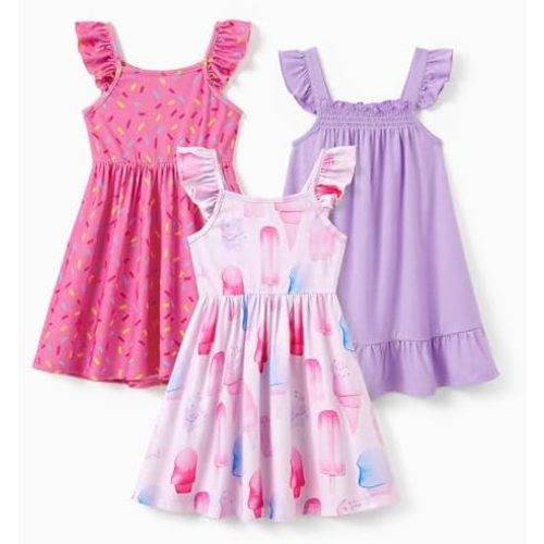 PATPAT Multipack Girl Toddler Dresses Sleeveless Flamingo Striped Toddler Casual Dresses