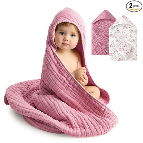 Baby Girl Bath Towels, 100% Muslin Cotton Hooded Baby Towels for Newborn, 2 Pack Baby Towels with Hood for Infant Toddler and Kids, Large 32x32Inch Bath Essentials, Soft and Absorbent