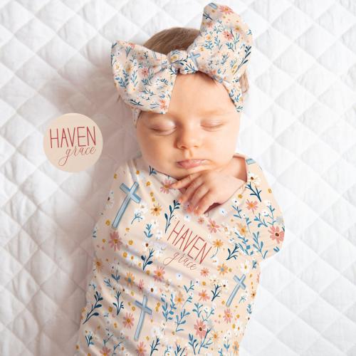 Personalized Pink Floral Cross Baby Blanket: Christian Swaddle Blanket,headband and sign with her name