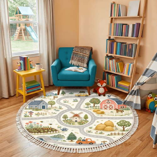 Washable Non Slip 4ft Round Rug, Whimsical Rural Map Farm Barn Windmill Village Scenes Circle Area Rugs with Tassels Carpet for Nursery Bedroom Living Room Playroom Tent Rug