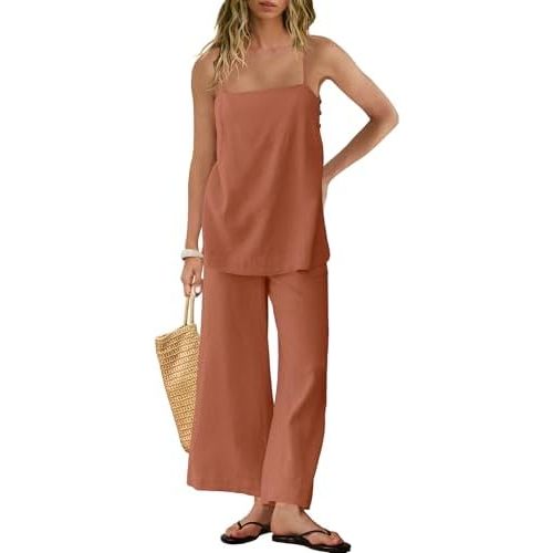 Panadila 2 Piece Linen Set Summer Travel Beach Vacation Outfit Sexy Spaghetti Strap Tank Top and Pants with Pockets