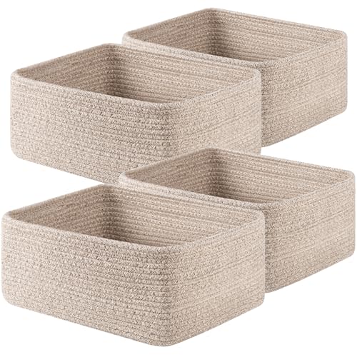 OIAHOMY 4 Pack 14.17 * 11.02 * 6.3IN Storage Baskets for Organizing Shelves, Woven Rope Baskets for Organizing Books, Clothes, Decorative Basket for Living Room, Nursery, Bedroom, Gift Basket, Brown