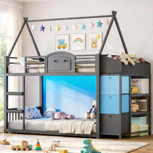 Isabelle & Max™ Kids House-Shaped Low Loft Bed with Bookshelf, 3 Drawers & Storage Boxes | Twin Bunk Bed for Small Spaces | Wayfair