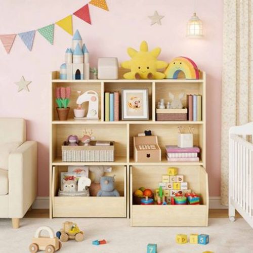 Kids Toy Storage Organizer Cabinet, 5 Open Cubbies + 2 Movable Drawers, Multifunctional Wood Bookcase for Playroom
