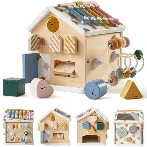 Tiny Land 9-in-1 Wooden Activity Cube, Montessori Baby Activity Center for 1+ Year Old, Educational Toy for Toddlers, Ideal Gift for Boys and Girls (Morandi)