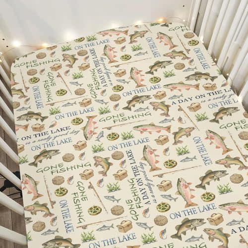 Gone Fishing Baby Crib Sheets for Boy Girl 52"x28" Vintage Lake Fishing Lovers Gift Soft Snug Fitted Crib Mattress Cover Vacation Outdoors Adventure Baby Sheet for Crib and Toddler Bed Mattresses