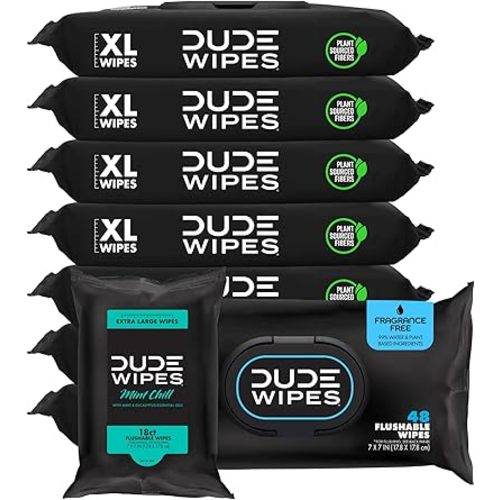 DUDE Wipes Unscented Flushable Wipes - Extra-Large Adult Wet Wipes for Sensitive Skin - 8 Pack (384 Count) + Mint Travel Pack (18 Count) - Infused with Vitamin E and Aloe - Septic and Sewer Safe