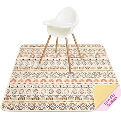 Basumee Splat Mat High Chair Mat Waterproof Baby Play Splat Mat for Under High Chair Food Catcher Highchair Mat for Floor Non Slip Bottom, Pink Rainbow, 46x42 Inches
