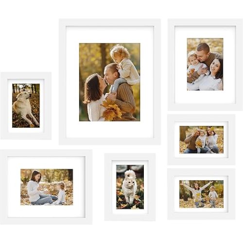 FrameWorks 7-pc Set Collage Wall Classic Wooden Picture Frames Tempered Glass/White / 1-11"x14", 2-8"x10", 4-5"x7"