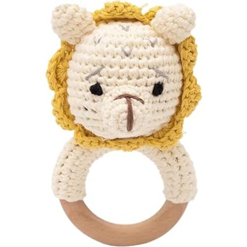 Handcrafted Animal Rattle – Soft Crocheted Toys with Wooden Teether, BPA-Free Animal Rattles in Cotton & Safe Natural Materials (Lion)