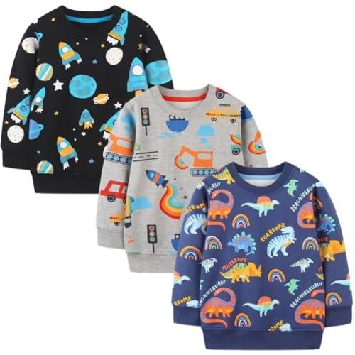GFQLONG Toddler Boy Sweatshirts,Boys Pullover Crewneck Long Sleeve Shirts,Cotton Dinosaur Cartoon Sweaters Tops